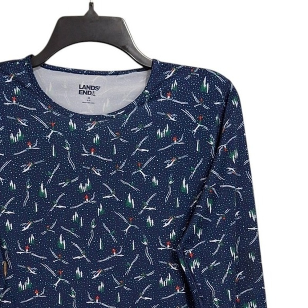Lands End Womens Pullover Top M 10 12 Blue Multi Crew Neck Long Sleeve Ski Print - Picture 5 of 13